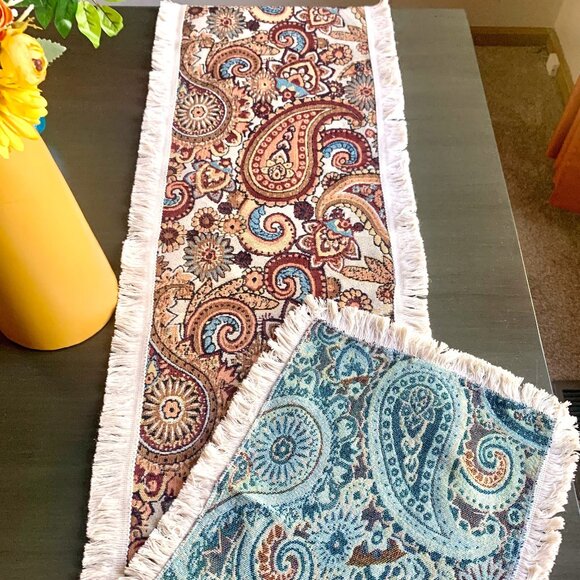 71" Woven Earthy Rustic Boho Warm Tones Jacquard Paisley Fringed Table Runner - Picture 8 of 8